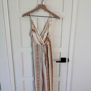 Patterned Wrap Jumpsuit in Ivory and Tan